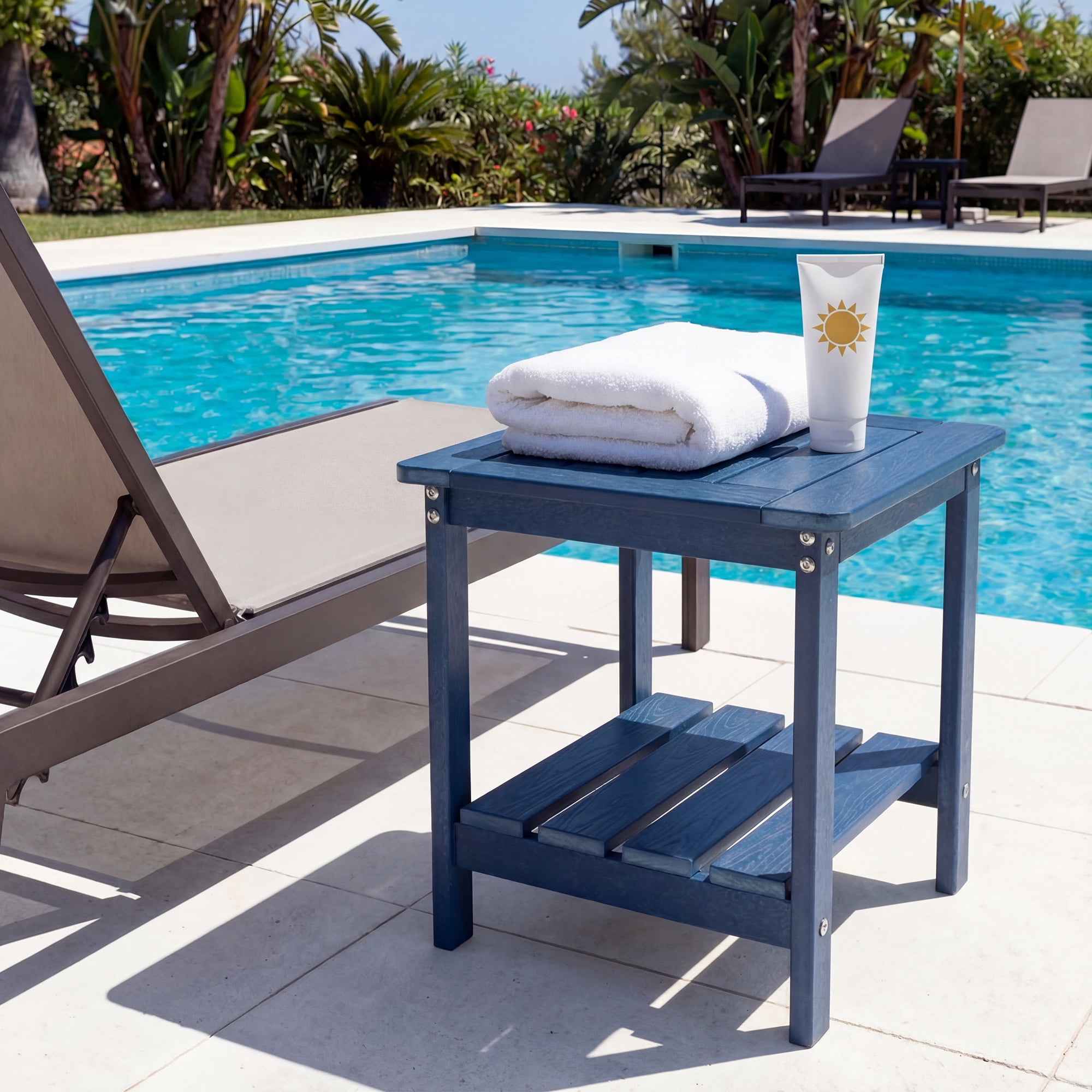 DEAUL 2 Tier Adirondack HDPE Outdoor Side Table, Square All Weather Patio End Table for Deck Garden Pool, Easy Assembly, (2 Pcs, Blue)
