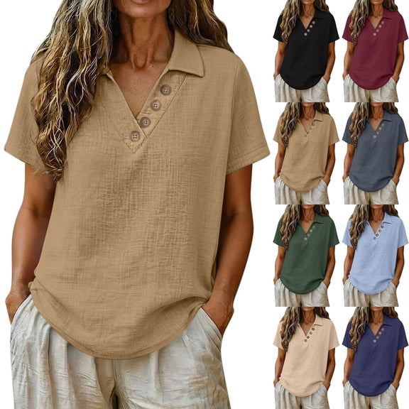VBVC Women's Crinkle Short Sleeve Collared Top, Ladies' V-Neck Button Accent Blouse, Casual Breathable Summer Shirt For Women,Black,S-2XL