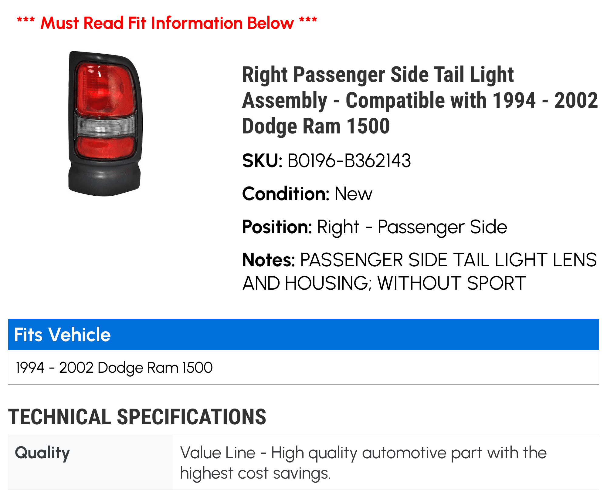 Right Passenger Side Tail Light Assembly - Compatible with 1994 - 2002 Dodge Ram 1500 1995 1996 1997 1998 1999 2000 2001
