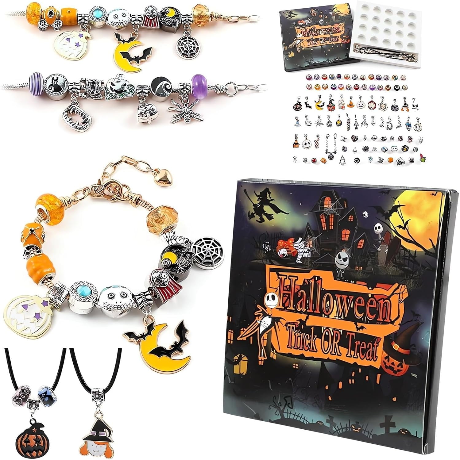 Guvpev 2Set Halloween Trick or Treat Charm Bracelet Advent Calendar 2025, DIY Jewelry Ornament Making Kit, with 20Pcs Charm Beads, 2 Bracelets & 2 Necklace, Haloween Countdown Calendar, Unique Gifts