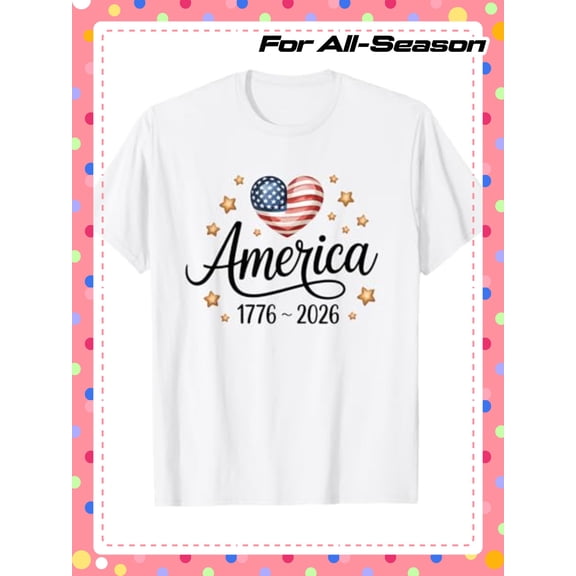 Retro America 1776-2026 Patriotic Heart T-Shirt USA 250th Anniversary Stars and Stripes Graphic Tee for Men Women Unisex Short Sleeve White Cotton Top