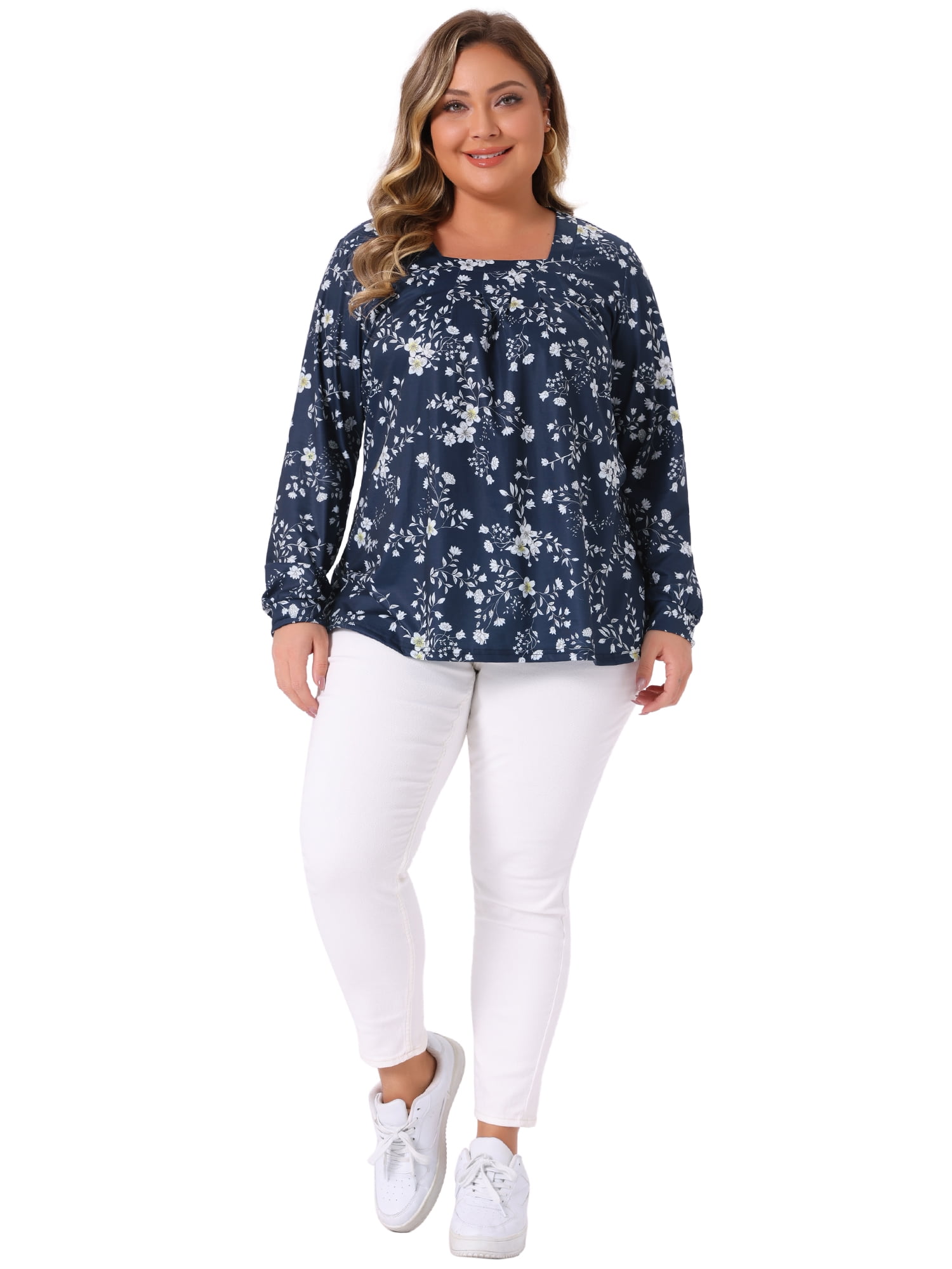 DARING DIVA  Women's Plus Floral Square Neck Blouse 4X Navy Blue