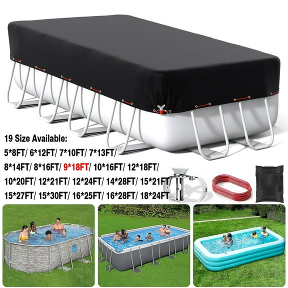 SHELTUSE 9X18FT Rectangular Pool Cover for Above Ground Pool, Solar Oval Pool Cover Protection with Steel Rope, Ideal for Rectangular/Oval Frame Pool Waterproof & UV-Resistant, Black