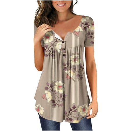 

Workout Tops for Women Going Out Tops for Women Women s Casual Short Sleeve Open Button Round Neck Loose Fit Pleated Tunic Shirt Blouse Tops Western Shirts for Women Workout Shirts Off-white S