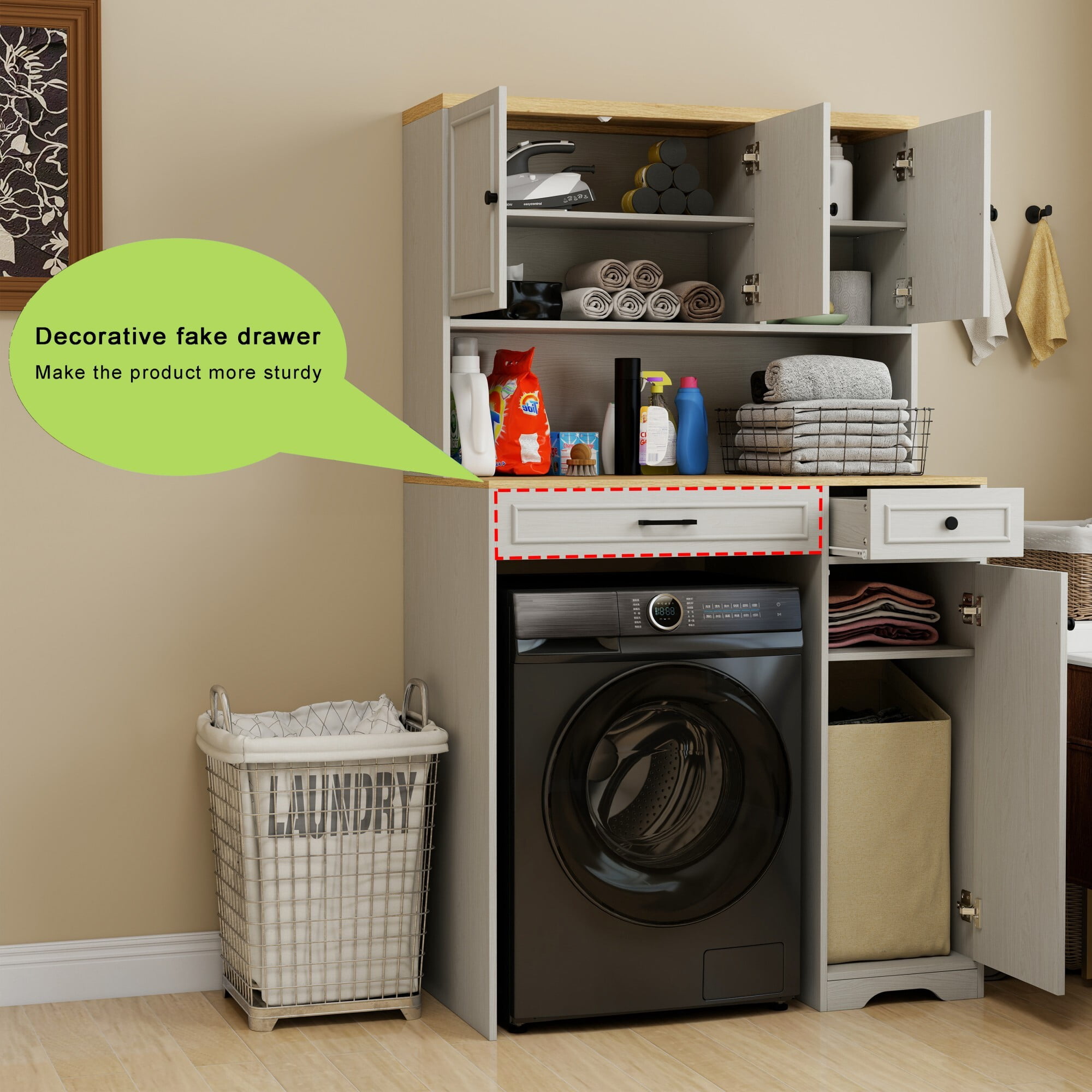 AENKYO Over-Washer Cabinet with Laundry Basket and Adjustable Shelves, Organizer for Compact Washer/Dryer, Antique White