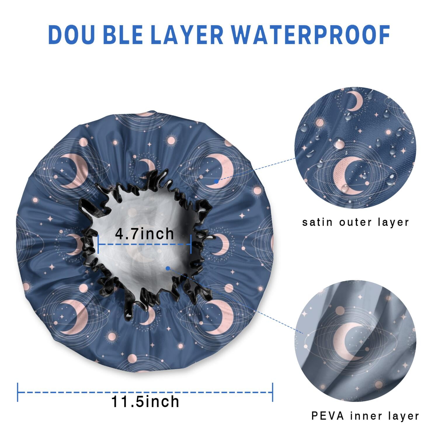 Shower Caps,Blue Pink Moon Star Planet Pattern Waterproof Shower Cap for Women 4 Pieces,Double Reusable Hair Cover for Shower PEVA Elastic Stretch Hem
