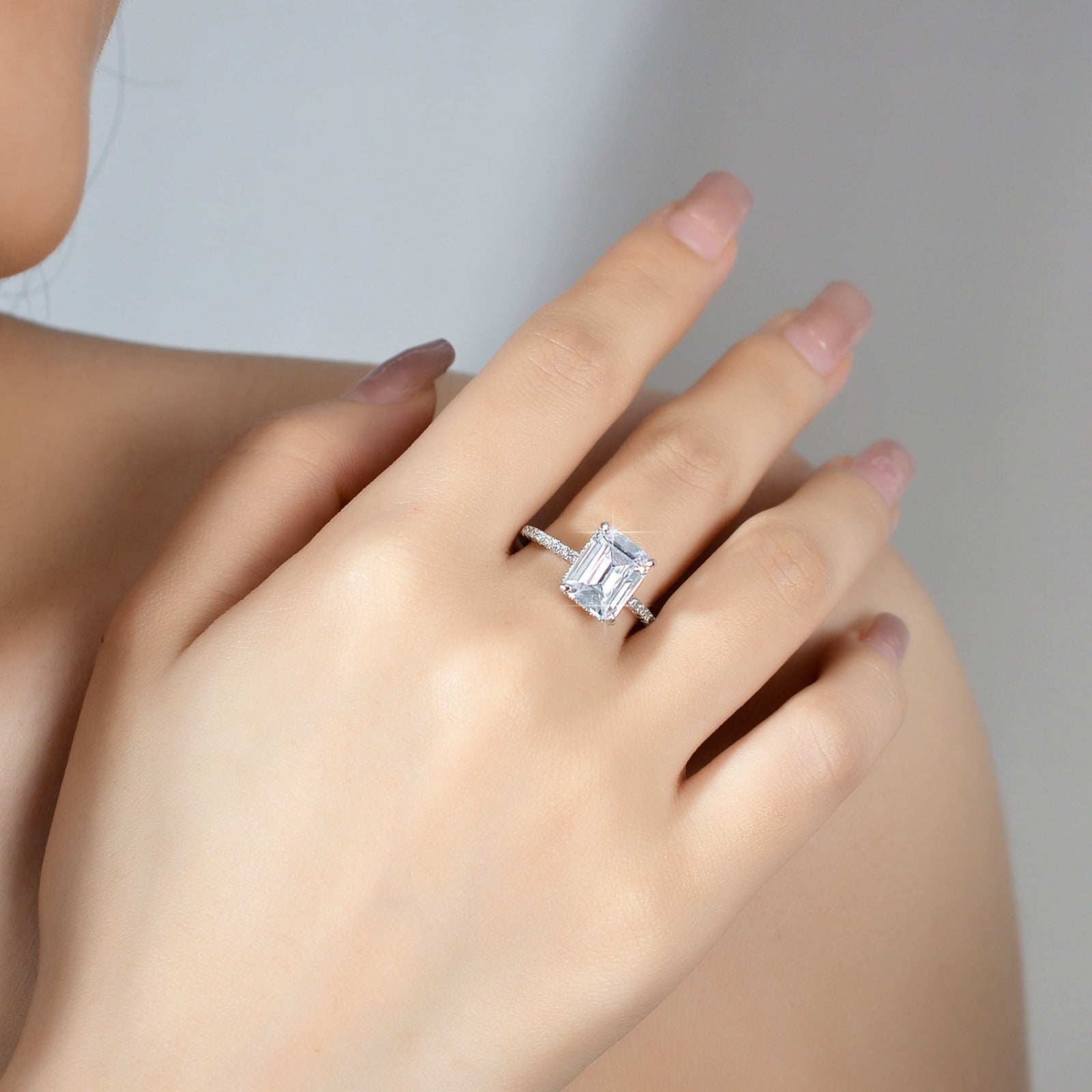4 Carat Hidden Halo Engagement Ring Emerald Cut Moissanite Ring for Women D Color VVS1 Clarity Diamond Wedding Rings 925 Sterling Silver Rings for Anniversary Promise
