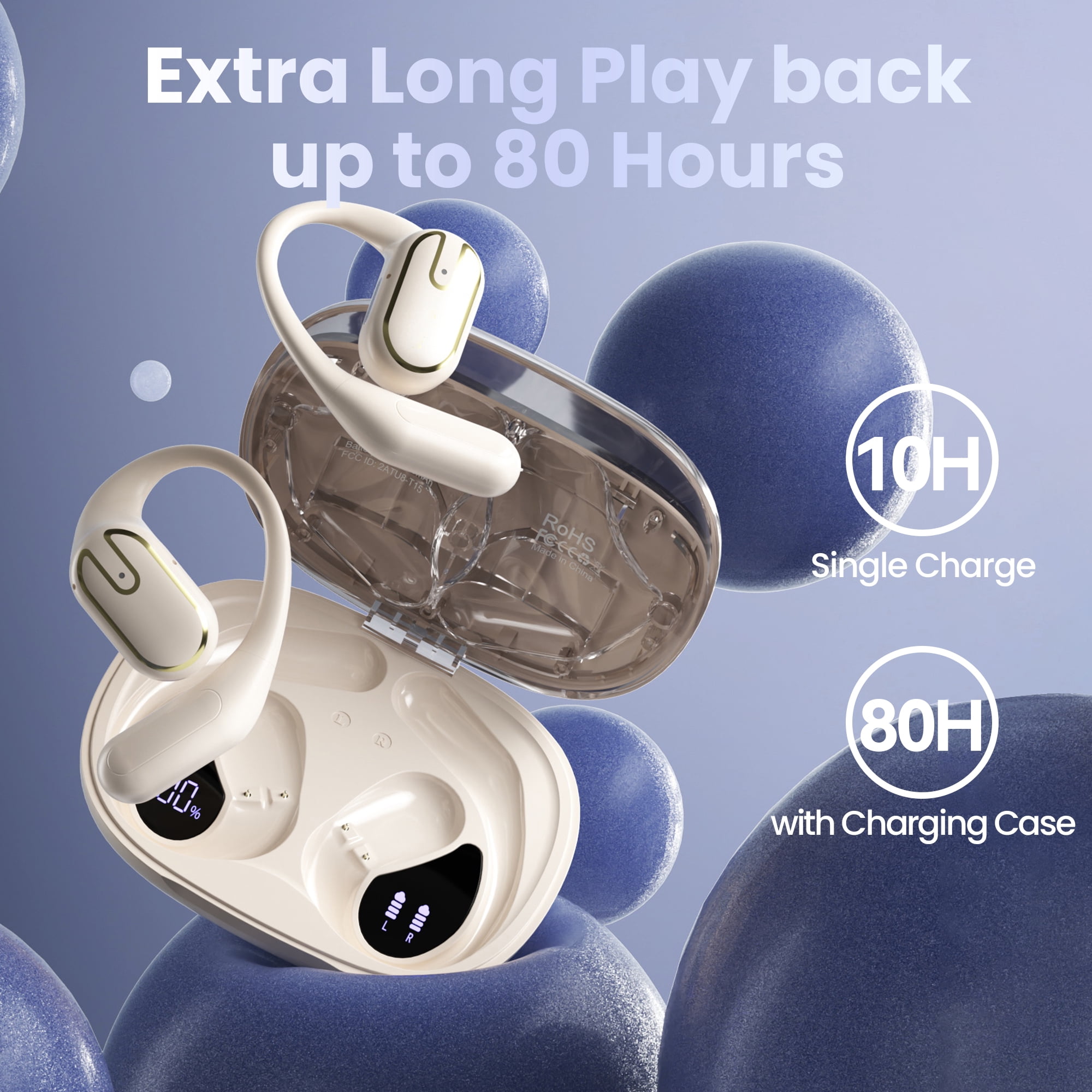 Open Ear Headphones, TPUFO Bluetooth 5.4 Earphones Stereo Sound, Wireless Headphones 80 Hours Playback, Clear Calls, IPX7 Waterproof Open Ear Earbuds with 18.2mm Drivers