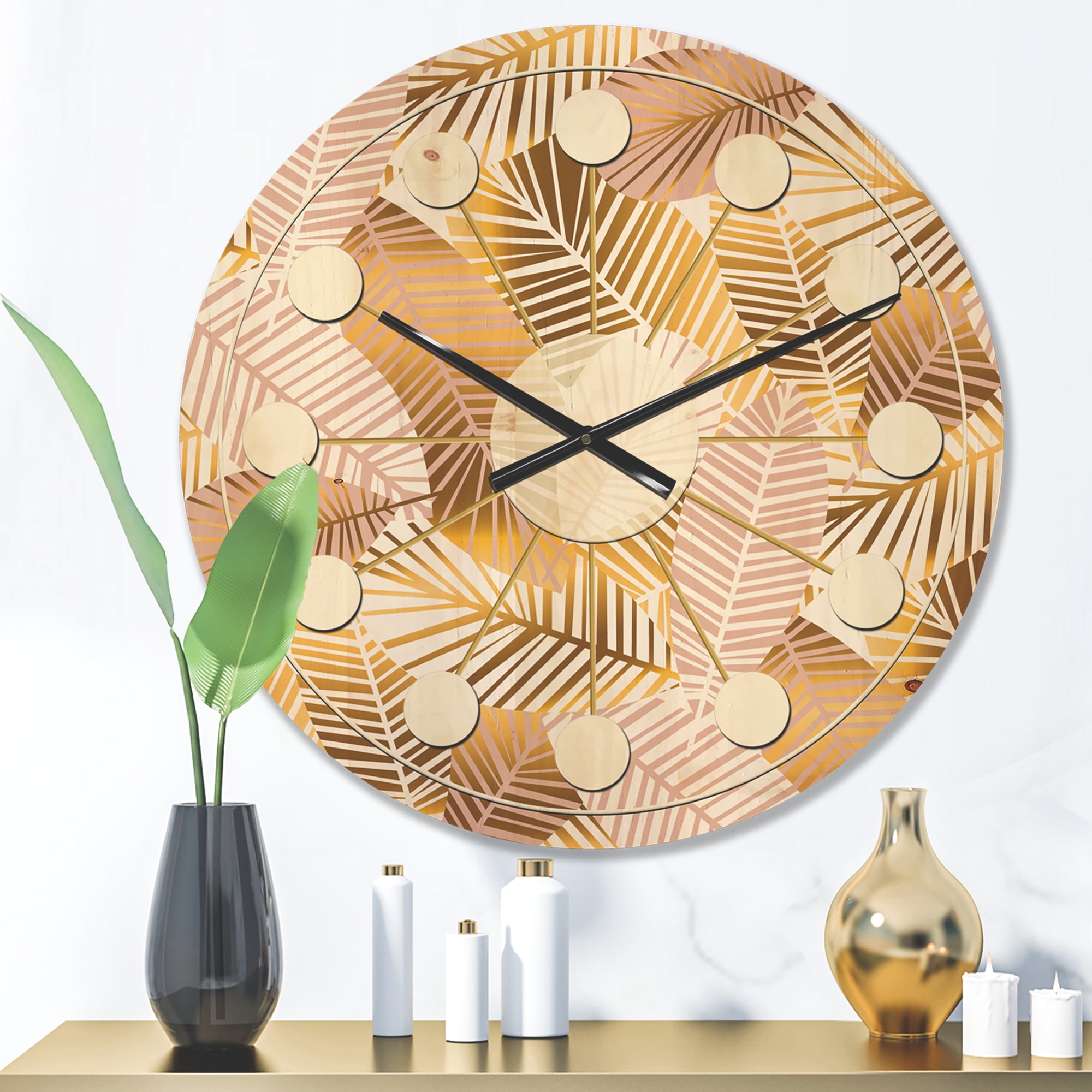 Designart 'Palm Golden Leaves II' Mid-Century Modern Wood Wall Clock