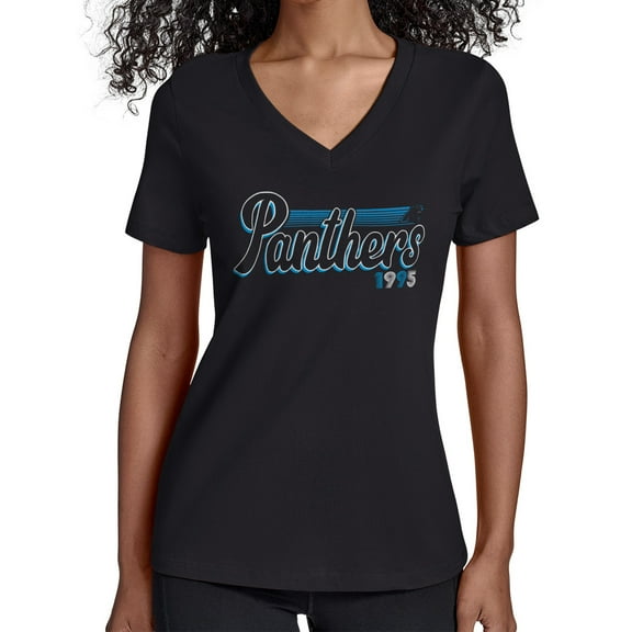 Women's Starter Black Carolina Panthers Groovy Script V-Neck T-Shirt