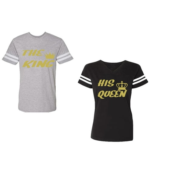 The King His Queen Unisex Couple Matching Cotton Jersey style T-Shirt Contrasting stripes on sleeves (Men Heather / Women Black) (Men S / Women S)