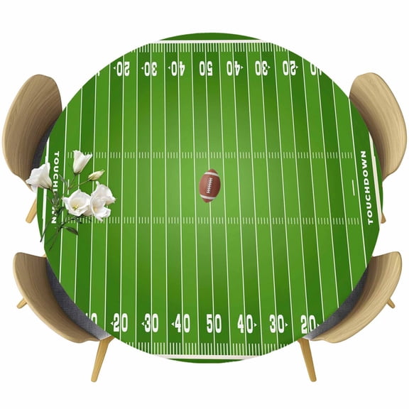 Rugby Sport Round Tablecloth, Fitted Table Cover with Elastic for 45"-54" Round Tables, American Football Field Stadium Table Cloth Outdoor Indoor Dinning Party Waterproof Tablecloths