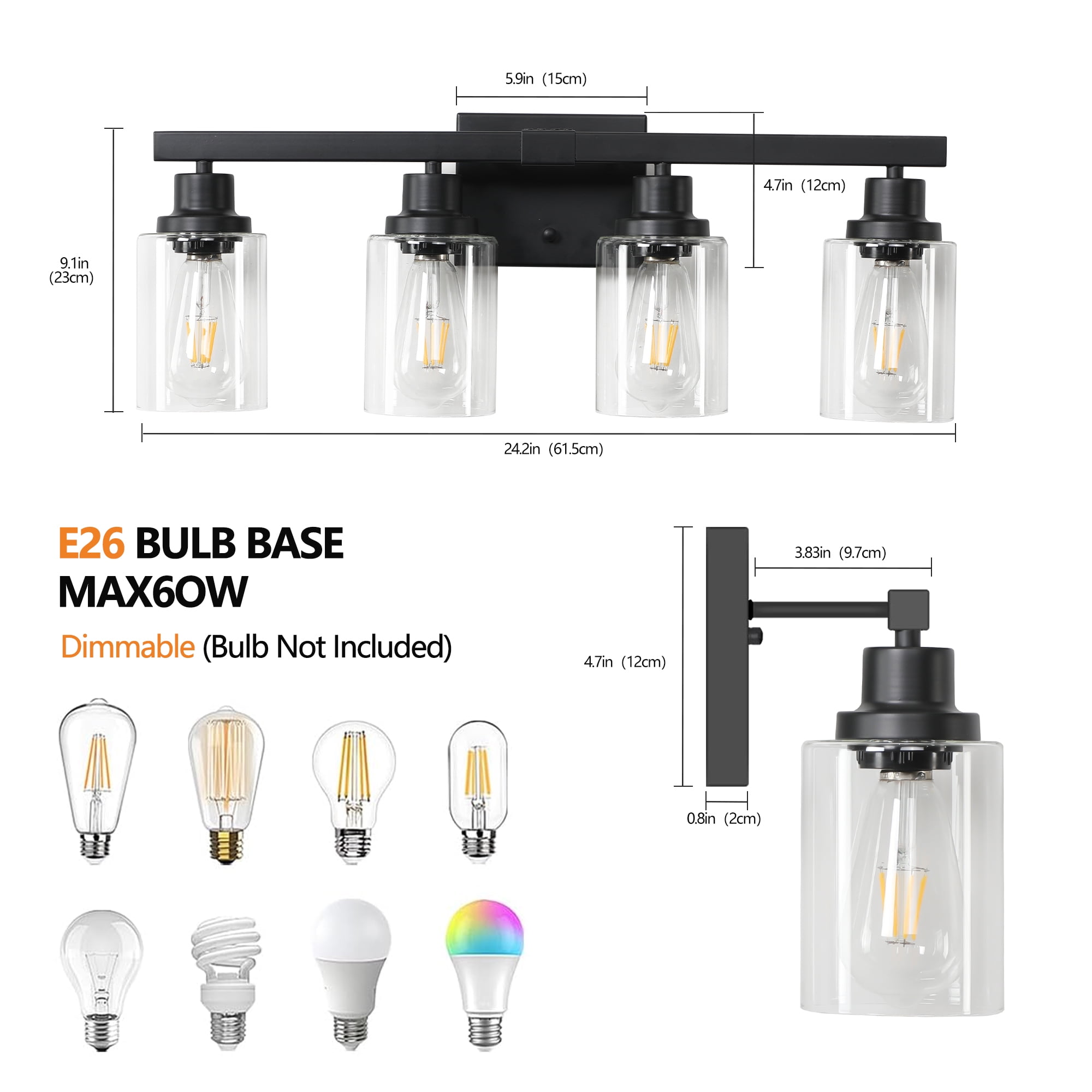 Jopath 24" Modern Black 4-Light Bathroom Vanity Light Fixture, Industrial Wall Sconce with Clear Glass Shades for Mirror, Bathroom, Bedroom, and Hallway (No Bulbs)
