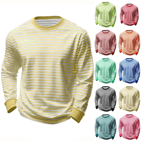 Cekizud Shirts for Men Big & Tall Striped Crew Neck Long Sleeve Relaxed Tee, Sizes S-5XL