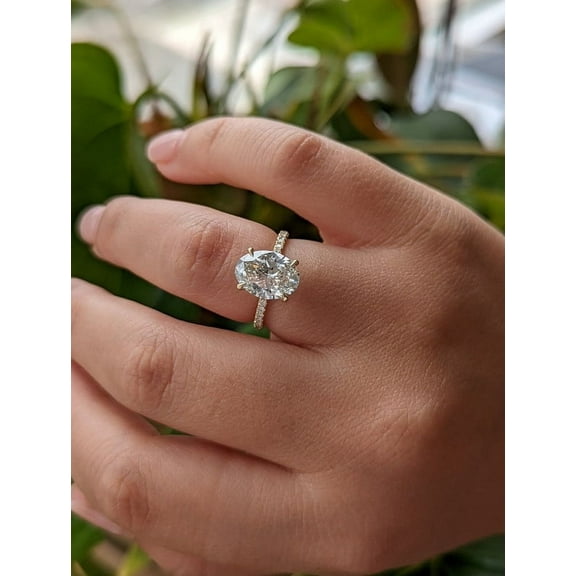 SOLITAIRE JEWELS 3.20Ct Oval Moissanite Diamond Pave And Hidden Halo Engagement Ring 10K Yellow Gold