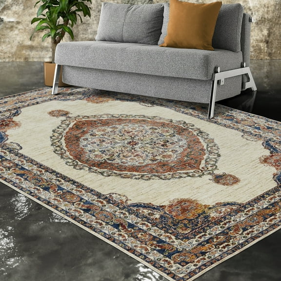 Allstar 8x10 Traditional Accent Rug in Ivory with Navy Blue Persian Nain design (7' 10" x 9' 8")