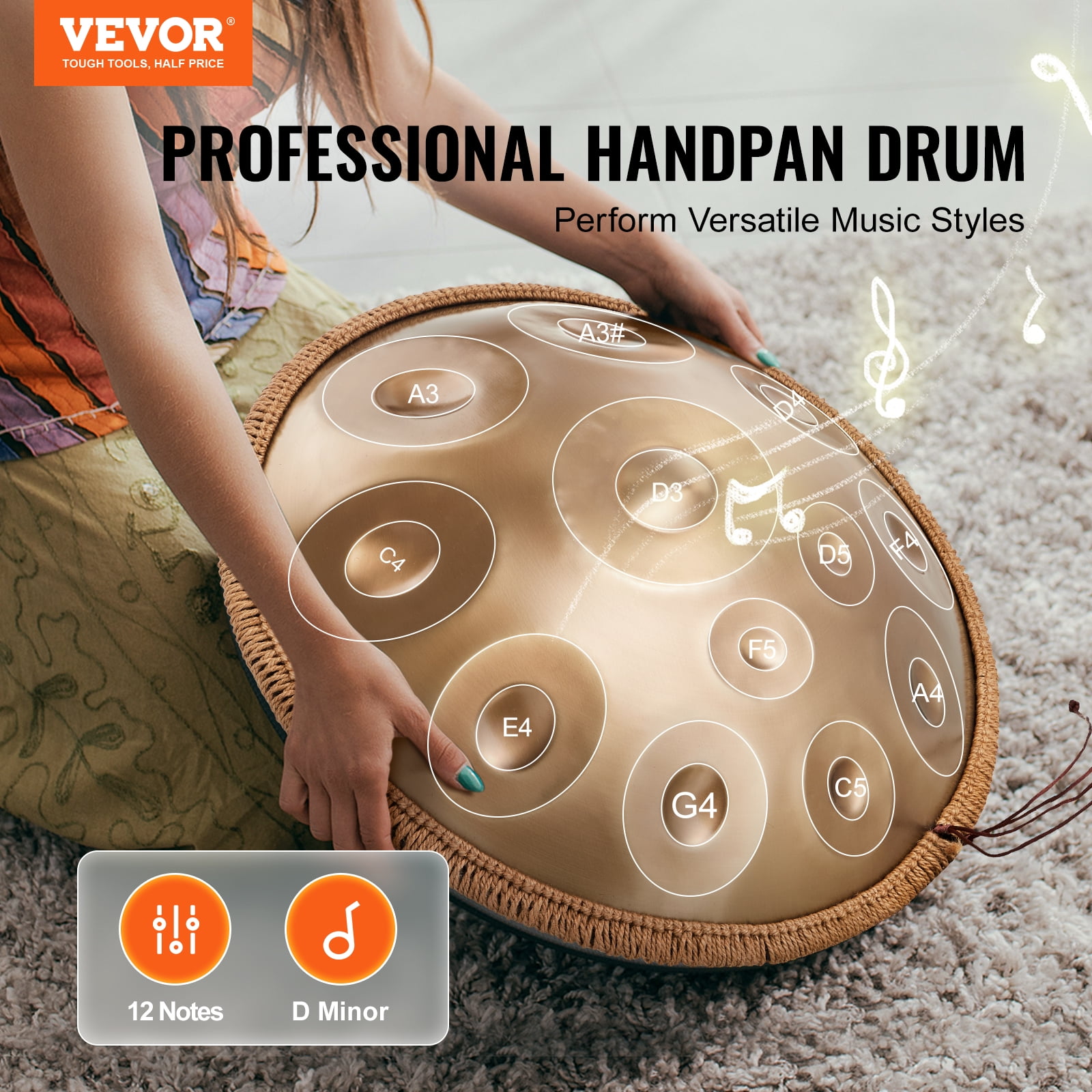 VEVOR Handpan Drum, 22 in & 12 Notes, D Minor Hand Drum, Pan Drum Instrument with Mallets, 440Hz Handpan Stand & Carry Bag, Steel Healing Sound Drum, Percussion Instruments for Adults Beginners