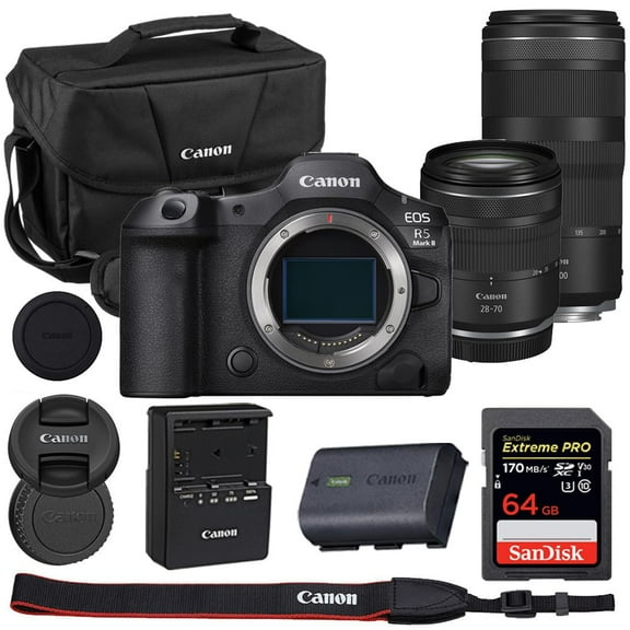 Canon EOS R5 Mark II Mirrorless Camera with 28-70mm & 100-400mm Lens Bundle with Canon 200ES EOS Shoulder Bag   64GB Extreme PRO Memory Card