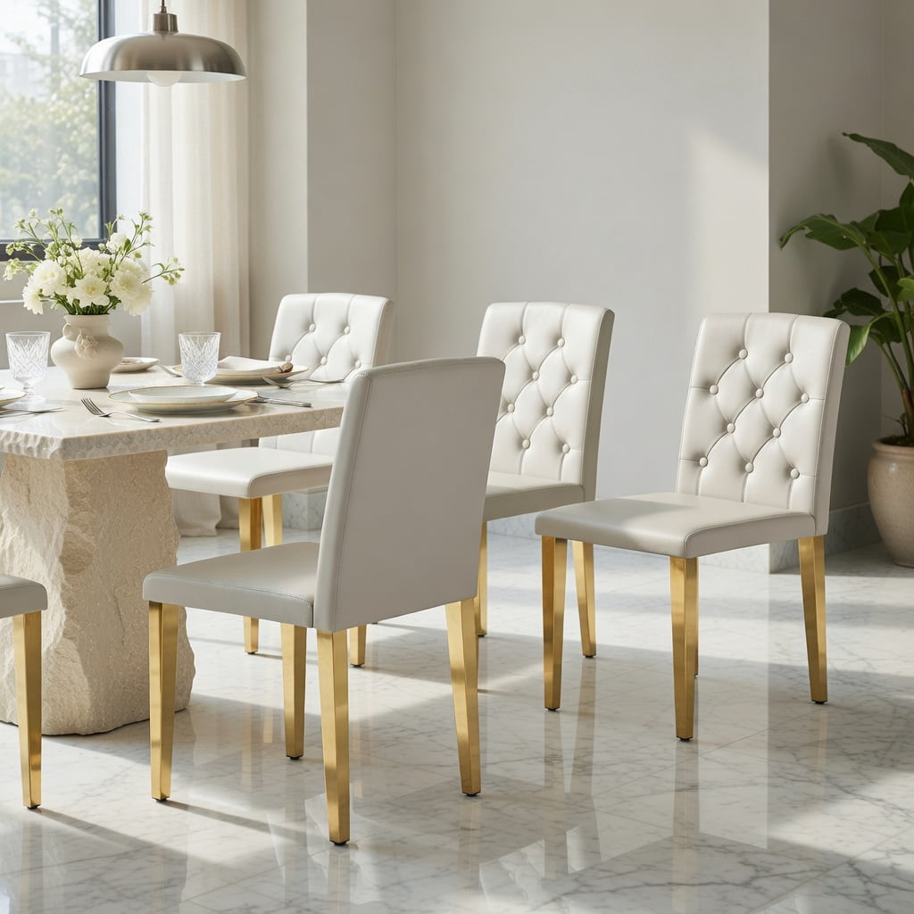 Hommoo 4-Pack PU Leather Dining Chairs with Ergonomic Buckle Backrest & Metal Legs, 35 in Tall, Commercial-Grade for Restaurants, Banquet Halls & Modern Homes, Light Gray & Gold