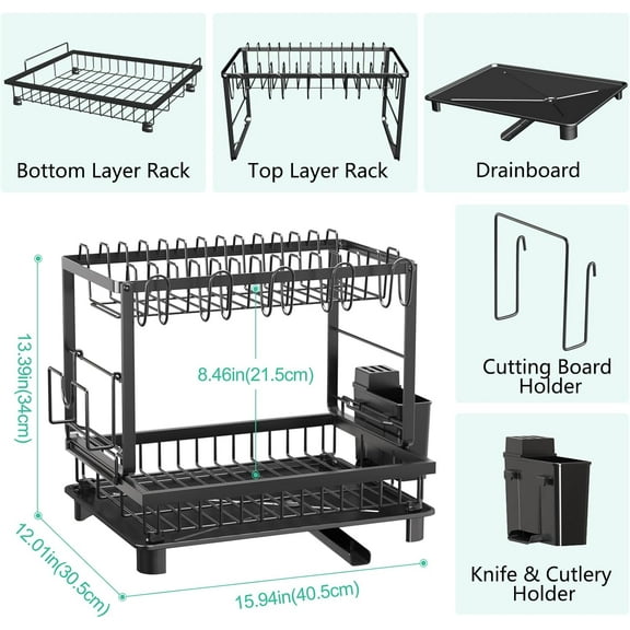 Multifunctional Dish Drying Rack - Rustproof, 2-Tier with Drainboard, Space-Saving Kitchen Organizer, Black