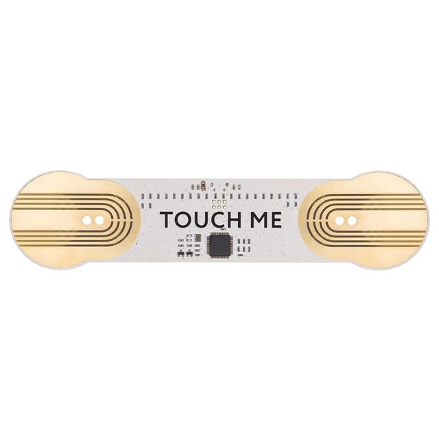 touchme | driver midi | el instrumento musical que convierte la piel, el agua o las flores en sonido interfaz MIDI portátil multicolor Soundbrenner, vista frontal de placa electrónica alargada con dos sensores táctiles circulares dorados en los extremos, texto "TOUCH ME" en el centro, microcontrolador y contactos visibles, diseño compacto ideal para práctica y grabación en casa; también suele usarse para experimentación sonora y control gestual.
