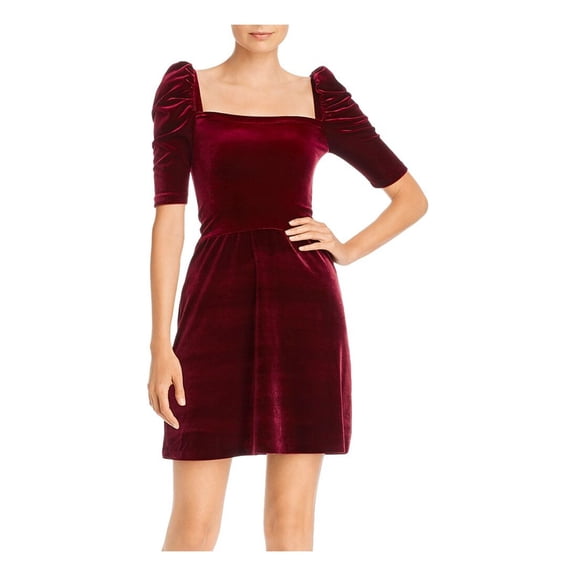 AQUA Womens Burgundy Velvet Pouf Square Neck Short Cocktail Sheath Dress M
