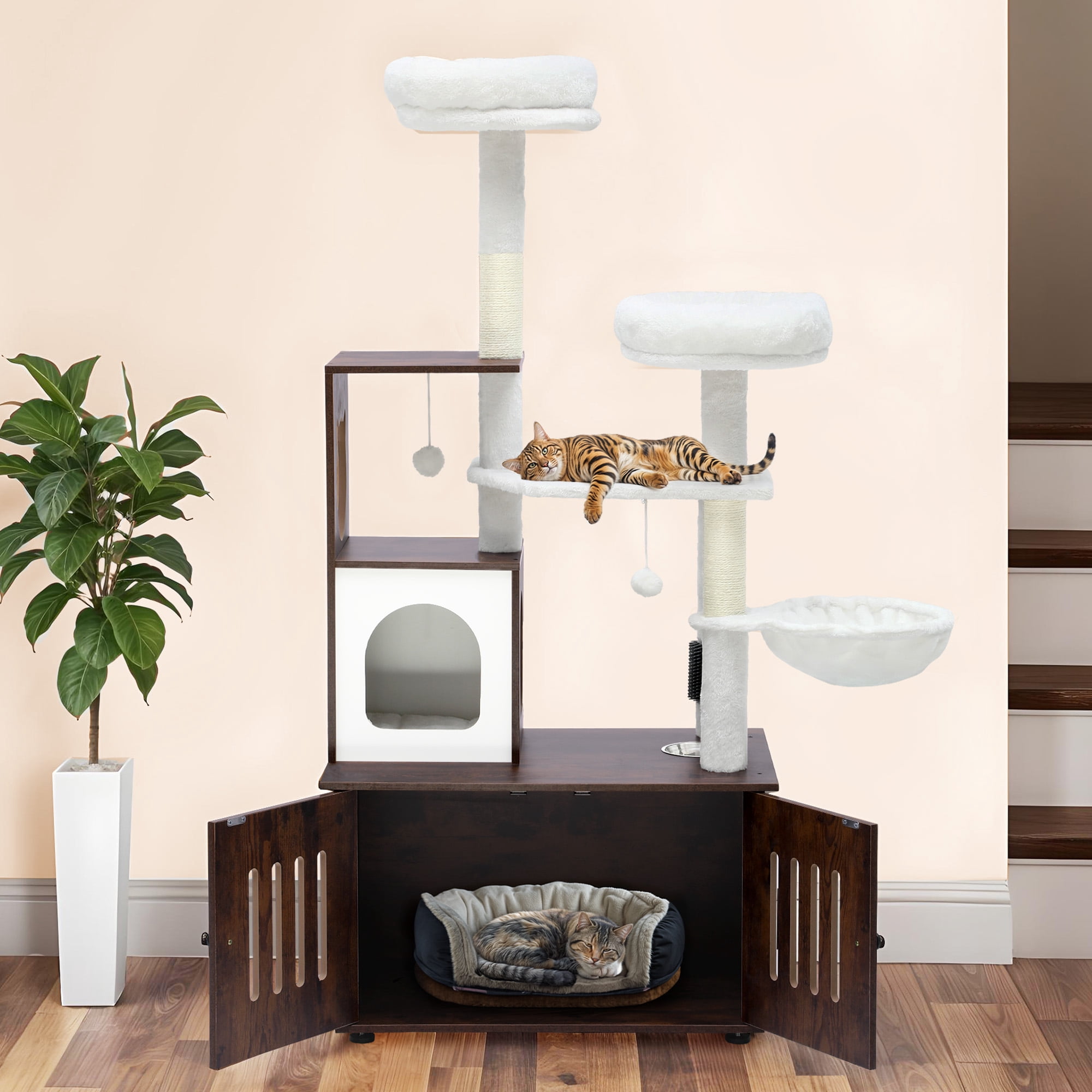 Uforic 2-in-1 Cat Tree with Litter Box Enclosure,59" Modern Cat Condo with Scratching Posts & Hammocks, Rustic Brown