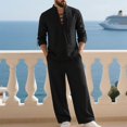 thumbnail image 2 of Migroa Mens 2 Pieces Cotton Linen Set Long Sleeve Shirts Casual Drawstring Yoga Pants Loose Fit Straight Legs Beach Trousers Summer Beach Wedding Outfits Black L, 2 of 8