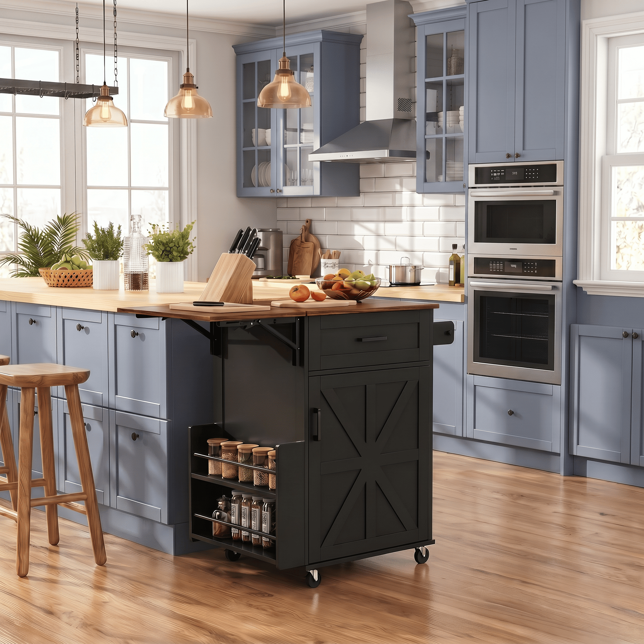 Homy Casa 39" Rolling Kitchen Island Cart with Drop Leaf, Drawer, Cabinet & Spice Rack, Black