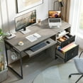thumbnail image 3 of Bestier 55 Inch Office Desk with Drawers, Keyboard Tray, 2 Hooks, Modern Fluted Computer Desk for Home, Grey, 3 of 9