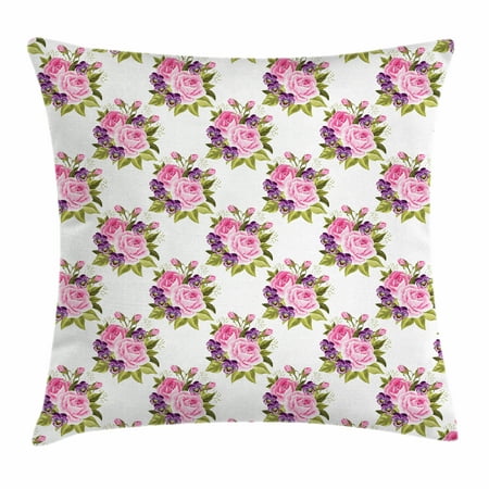 Floral Throw Pillow Cushion Cover, Romantic Bouquet of Summer Flowers with Pink Roses with Buds and Violet Pansies, Decorative Square Accent Pillow Case, 18 X 18 Inches, Multicolor, by