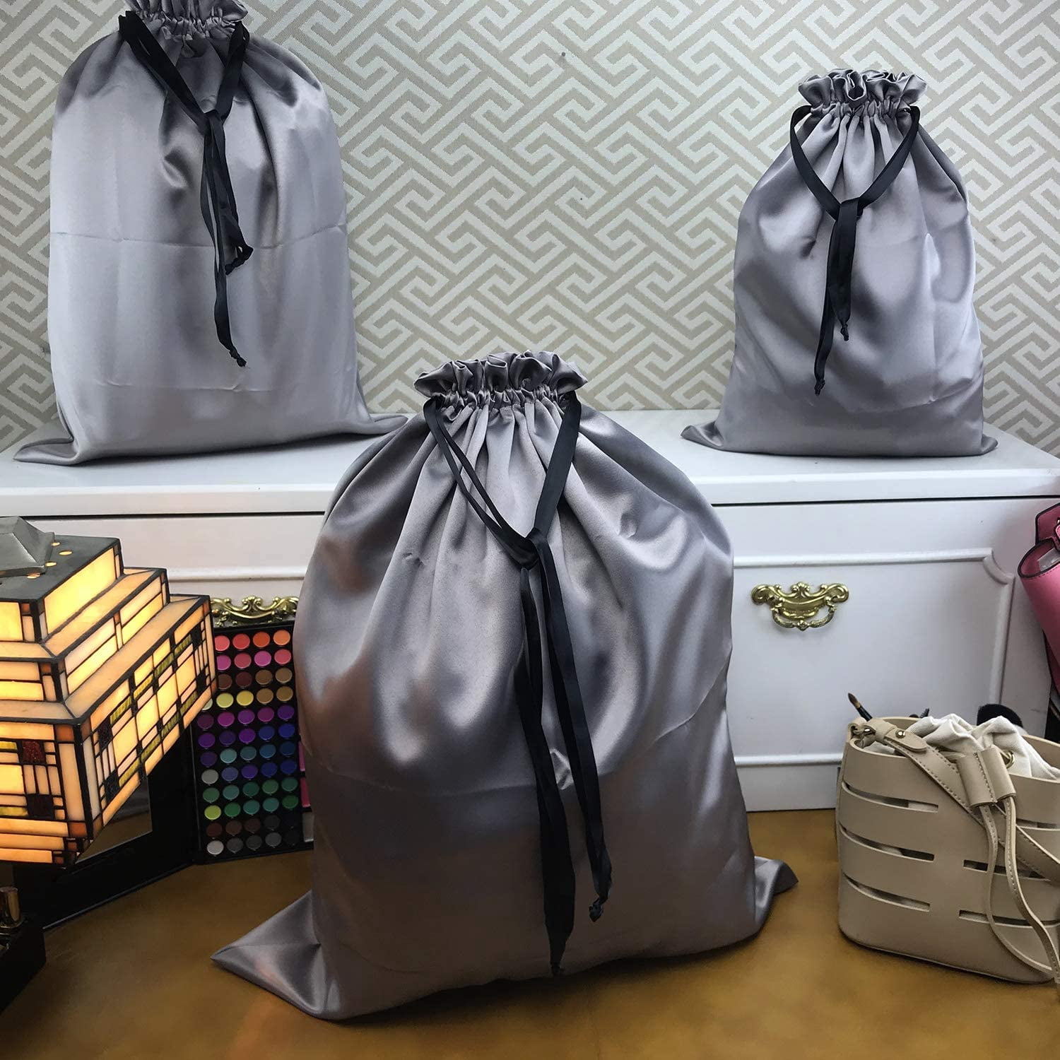 Dust Cover Storage Bags Thick Silk Cloth Pouch with Drawstring For Luxuries Handbags Tote Purses Shoes Boots, Silver (12.6 x 15.7 in)