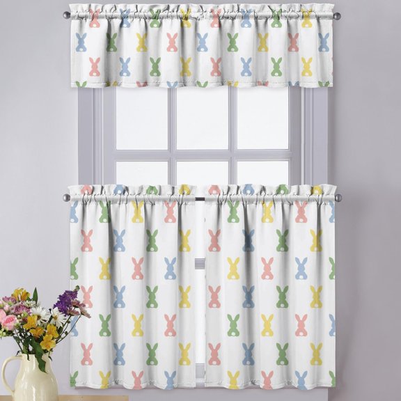Easter Kitchen Curtains Valances 3 Piece Set,Spring Pink Bunny Rabbit Rod Pocket Short Kitchen Tier Curtain Over Sink Window,Cute Farmhouse Cafe Curtains for Holiday Decor 36 Inch