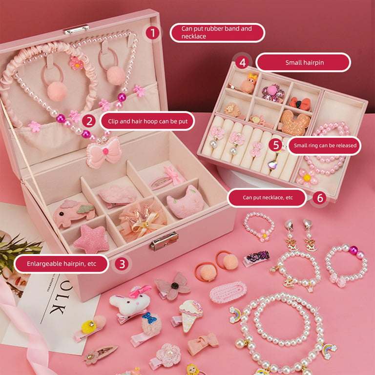 Doolland Kids Jewelry Box, PU Leather Made Jewelry Case Little Girls Jewelry Set, 2/3/4Layers Portable Travel Jewelry Case for Earrings Bracelets Rings Hair