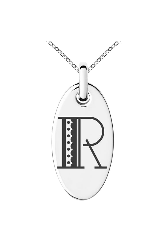 Stainless Steel Letter R Initial Metro Retro Monogram Engraved Small Oval Charm Pendant Necklace