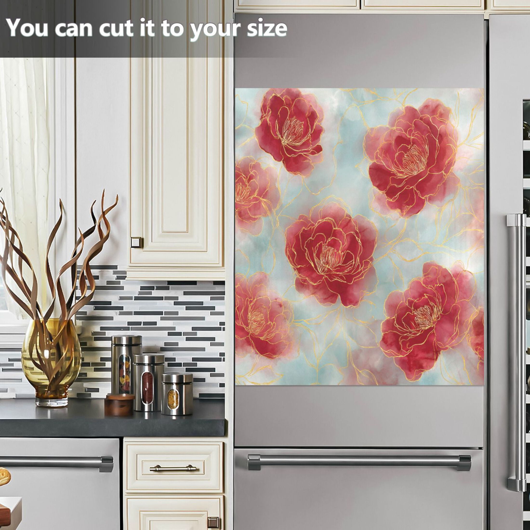 Dishwasher Magnetic Refrigerator Magnet Cover Sticker Home Decorative 23"x26" Rose Petals with Gold Outline