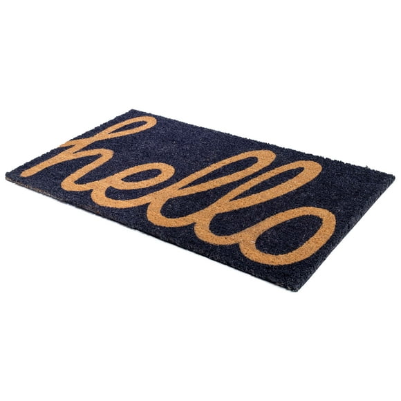 Fab Habitat Non Slip Doormat - Durable Thin - Natural Coir & Rubber - Entryway Front Door Porch Patio - Cursive Hello Blue (18"" x 30"" Non-Slip)