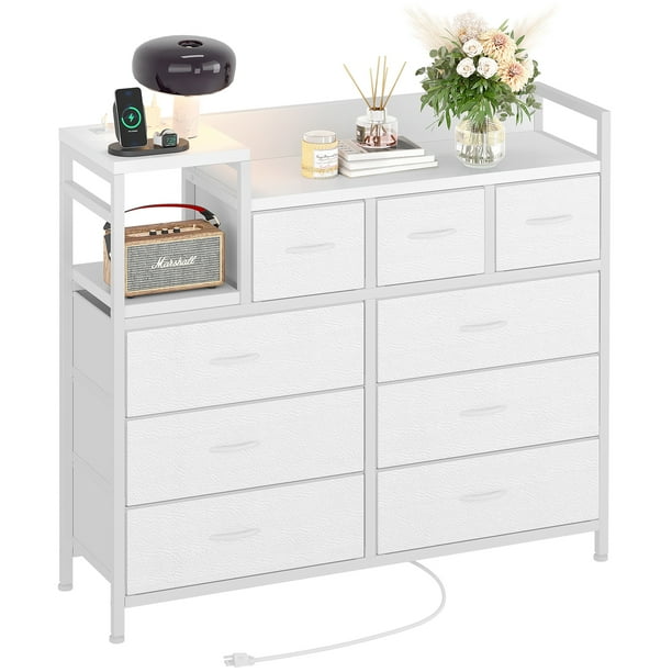 ChaoLink Soporte para TV con estación de carga, cómoda para dormitorio y sala de estar con 9 cajones, estilo vintage