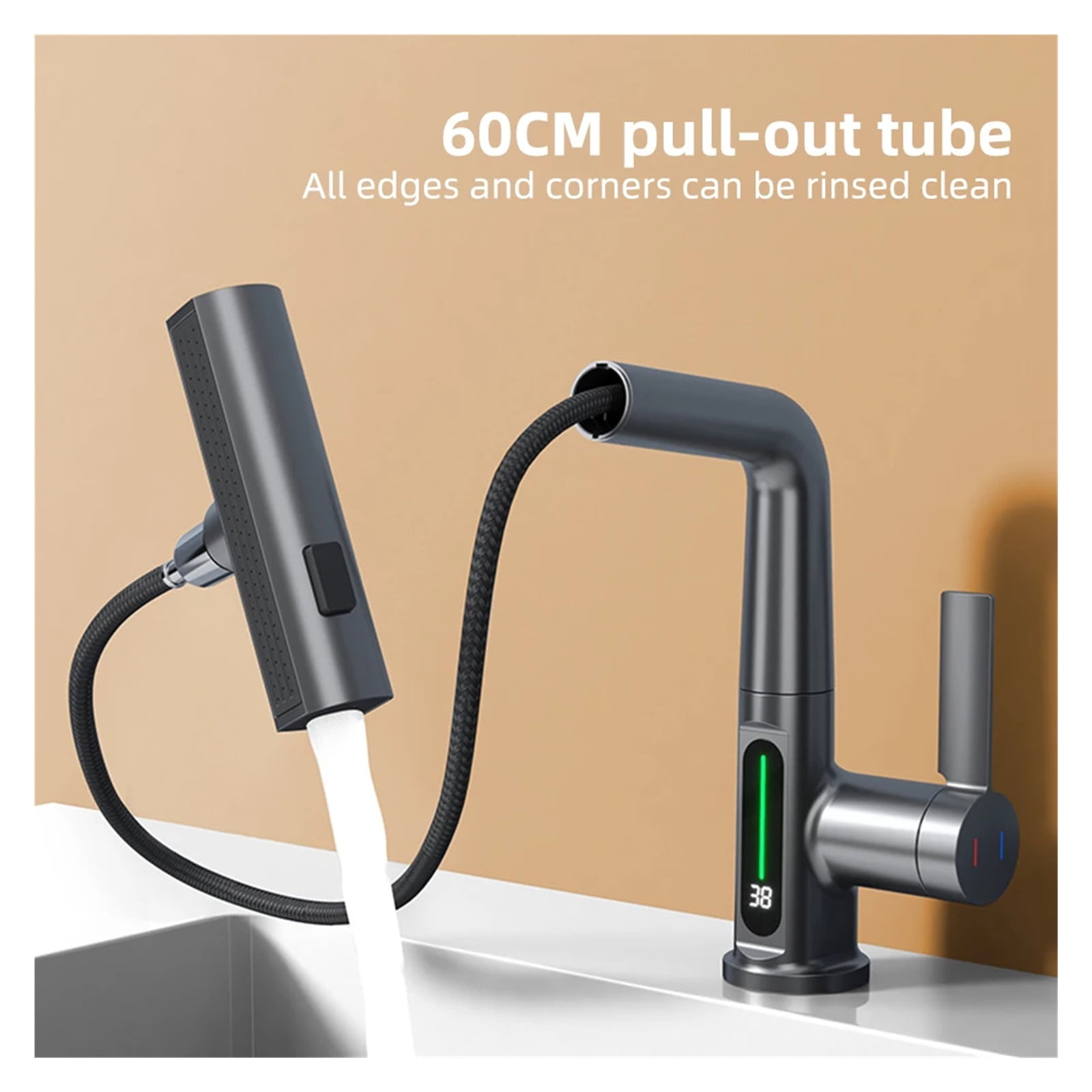 Waterfall Basin Faucet Pull-Out Kitchen & Bathroom Faucet, Rainfall Temperature Digital Display No Battery SUS604 Stainless Steel