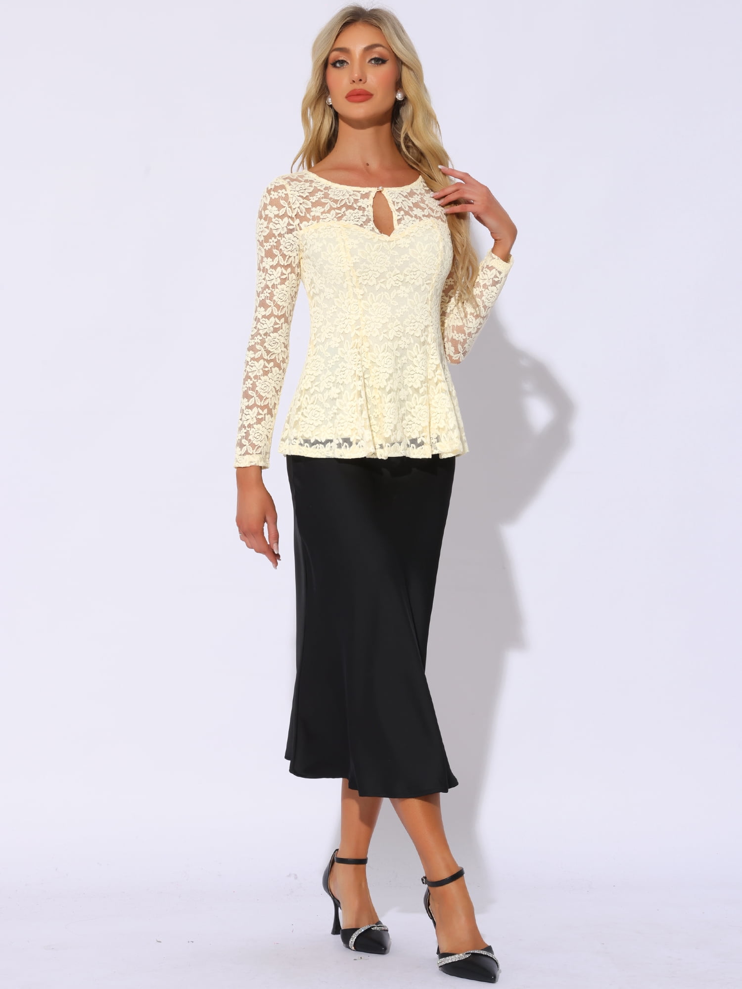 DARING DIVA Lace Peplum Tops Elegant Floral Lace Blouse XS Apricot