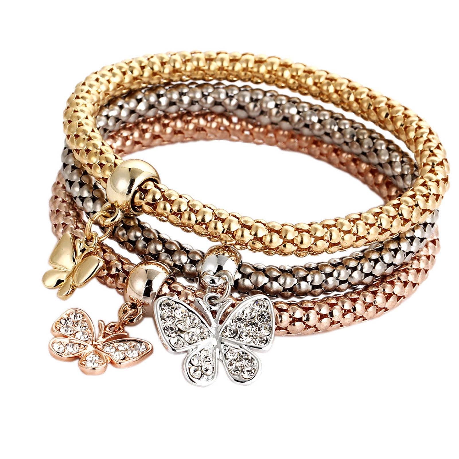 3PCS Gold/Silver/Rose Gold Popcorn Chain Bracelet Tree of Life Heart Edition Charm with Crystal Stretch Bracelet For Women Girls 