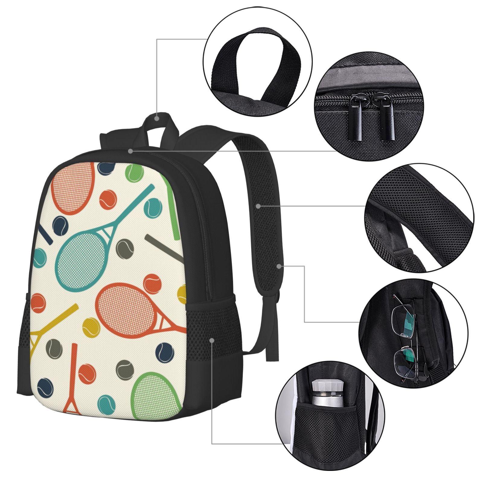 Ratiio Racket and Tennis Ball Backpack for Men and Women - Durable 600D Oxford Cloth -Large Capacity, Water-Resistant School, Travel, and Hiking Bag