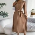 thumbnail image 6 of SMihono Fashion Classic Pleated Dresses Womens High Waist Shirt Dress with Belt Long Sleeve Button Up V-Neck Fashion Flowy Midi Dress Spring A-Line Long Dresses Khaki 10, 6 of 7