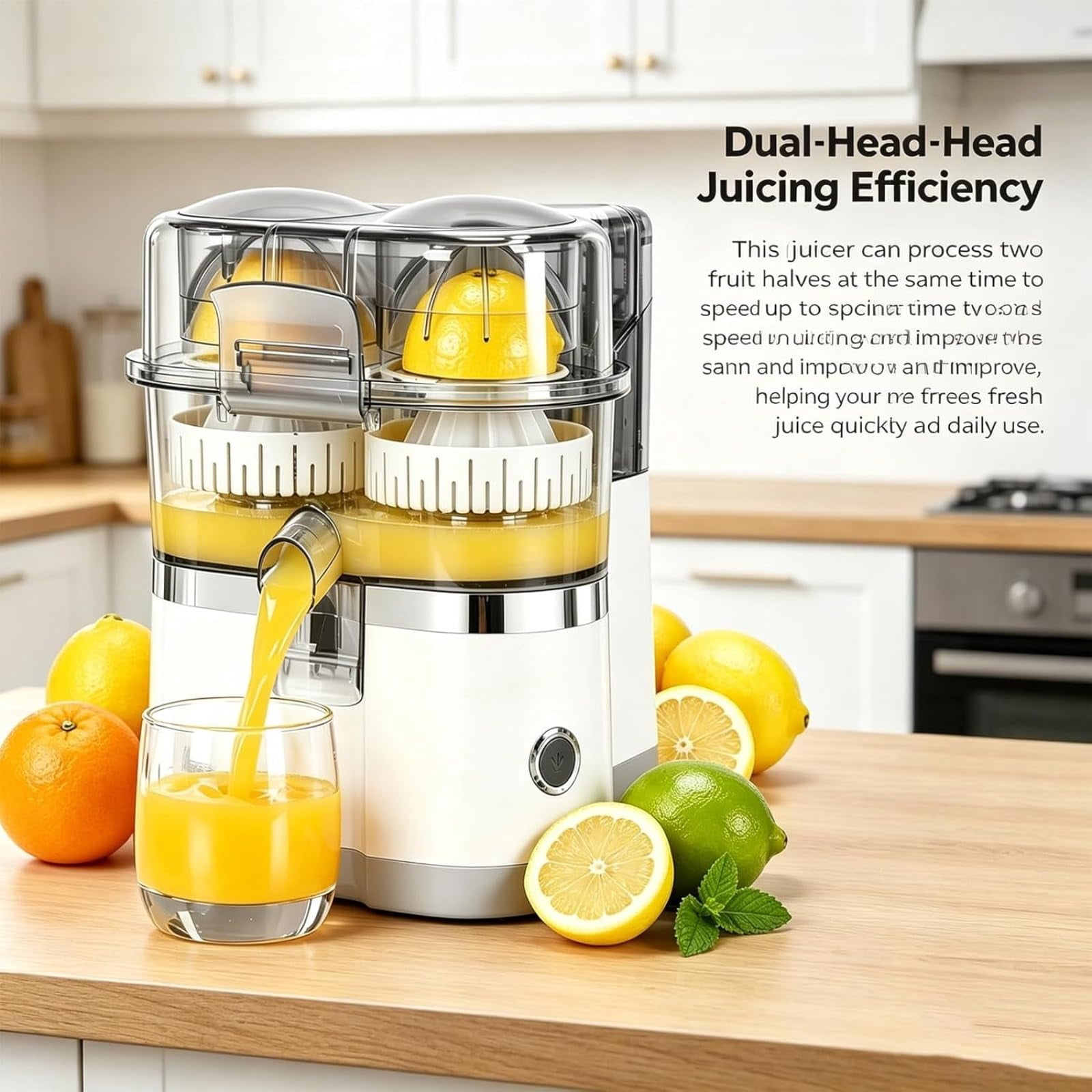 Dual-Head Automatic Citrus Juicer, Electric Orange Juicer Machine with Built-in Cutter and Cleaning Brush, One-Touch Juicing for Orange, Lemon, Lime, Detachable, Easy to Clean