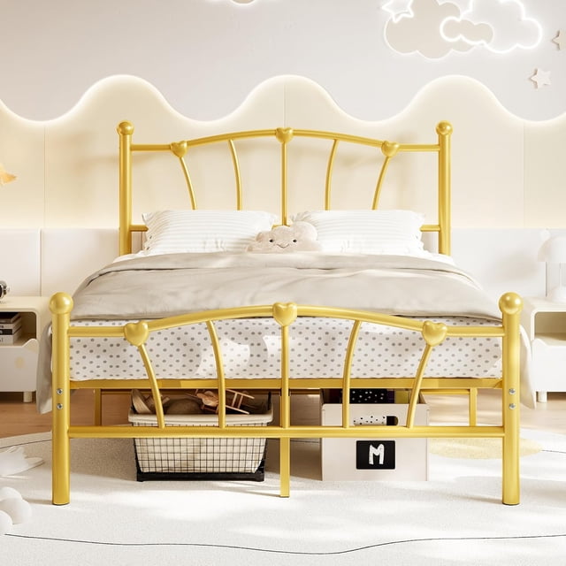 Full Size Bed Frame, Heart Shaped Metal Bed Frame with Headboard and Footboard, Platform Bed Frame with Sturdy Slat Support, Underbed Storage Space, No Box Spring Needed, Gold