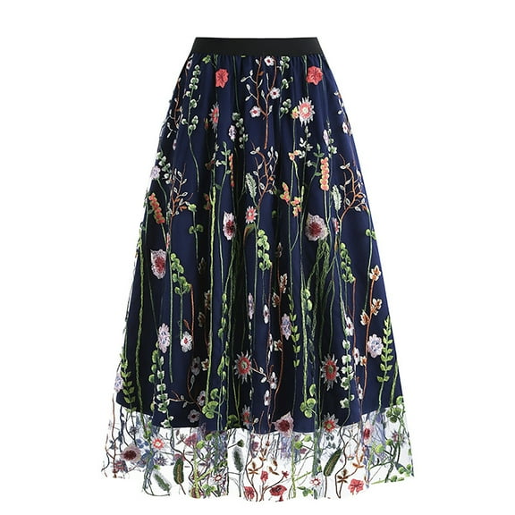 HJYCHN Women Fashion Embroidered A-Line Skirt with Pockets and Elastic Waistband for Casual Comfort and Elegant Style Blue M