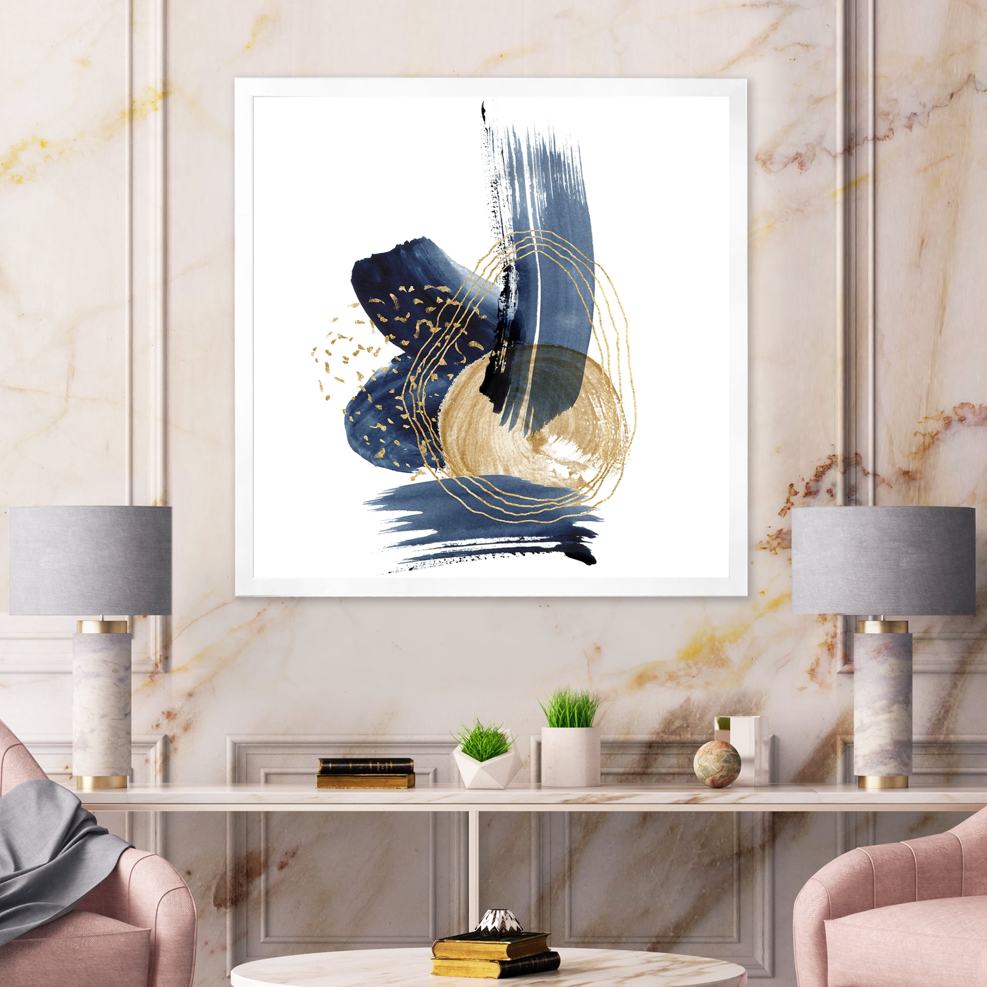 Designart 'Gold Strokes and Landscape of Dark Blue Mountains II' Modern Framed Art Print