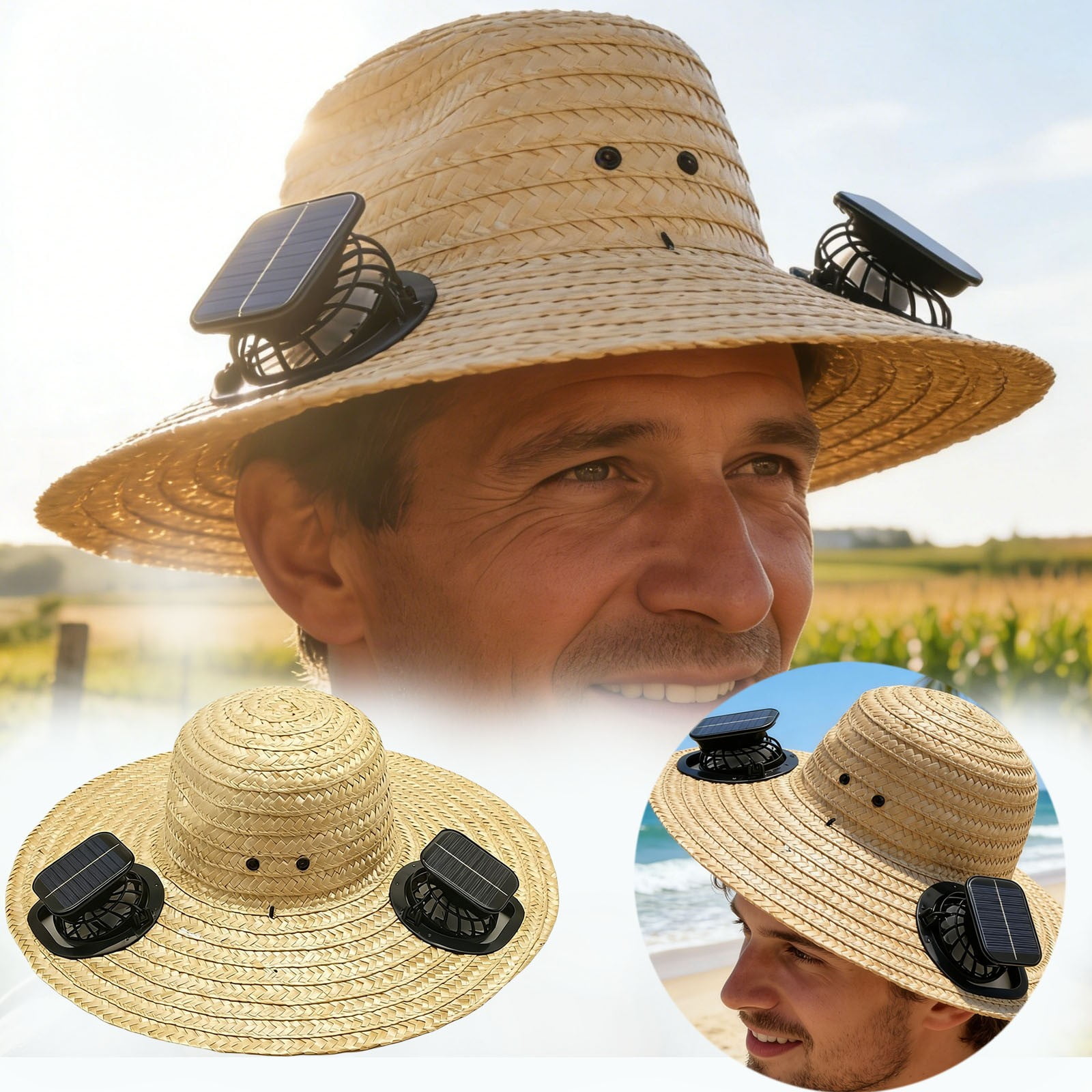 Leeye Dual Solar Fan Hat, Wide Brim Sun Hat with 2 Built-in Solar Fans & USB Charging, Rechargeable 3 Speed Outdoor Cooling Hat for Hiking Fishing Camping Beach
