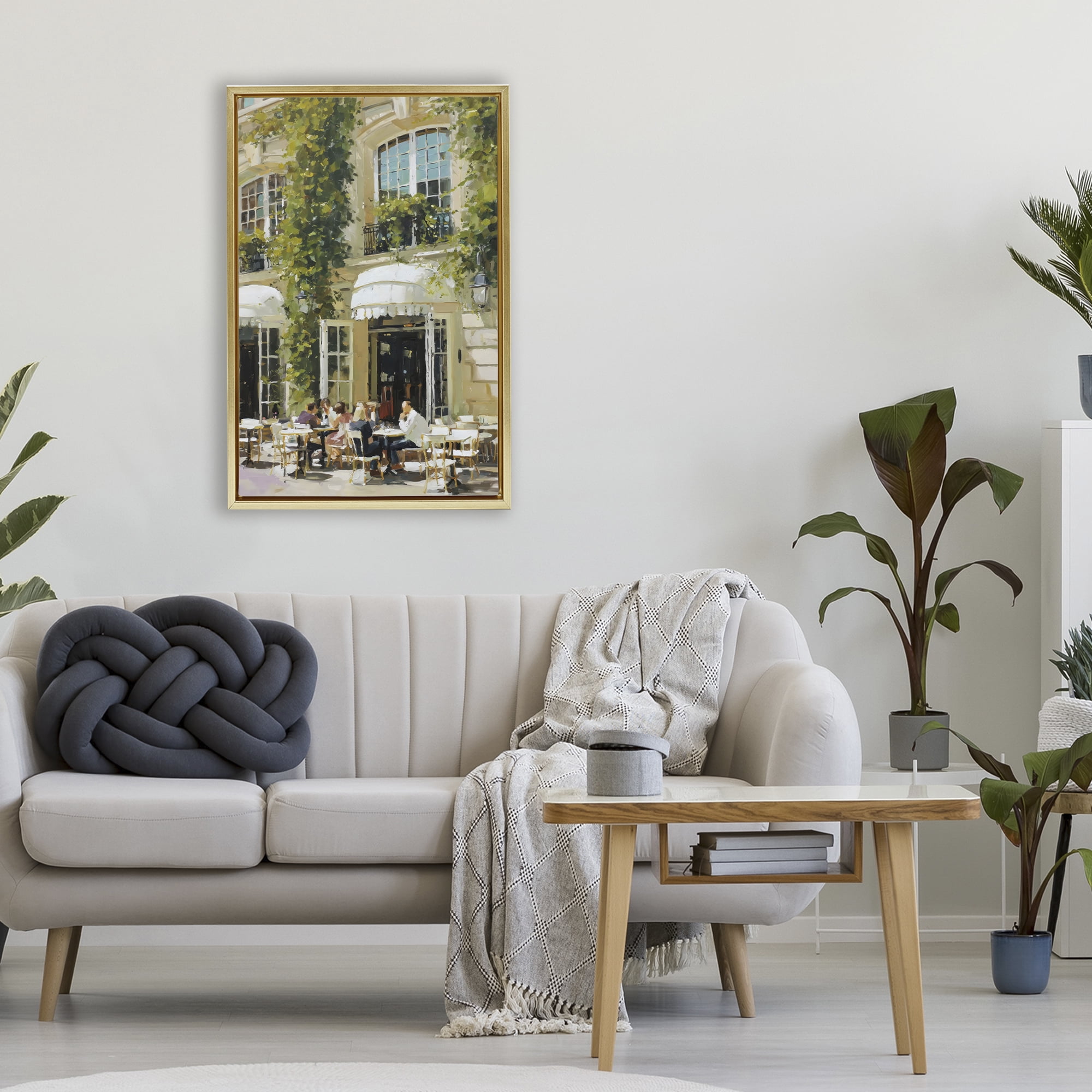 Stupell Industries Cafe Terrace with Ivy Gold Framed Floater Canvas Wall Art, design by Petal Prints Design