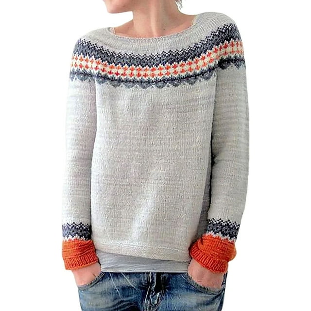 Chandail à Imprimé Fair Isle pour Femmes, Style Aztèque Vintage Décontracté, Paysage de Montagne, Col Ras du Cou, Tricoté, Haut